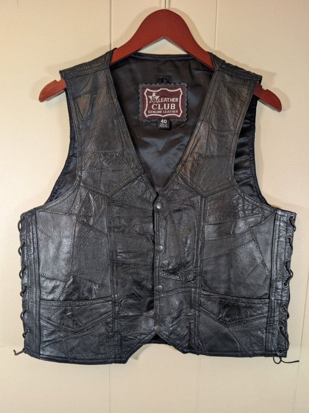 BIKER Leather Vest Men's 40 Black Genuine Leather Patchwork Lace Up Motorcycle